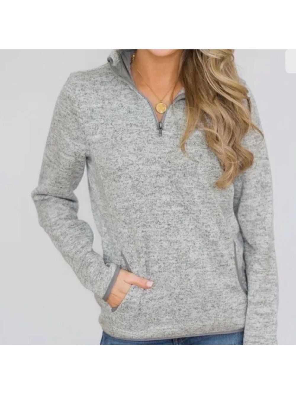 Thread+Supply S Heather Knit Silver Gray Mock Neck Front Zip Fleece Sweatshirt